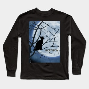 Solitary Black Cat Stares At A Full Moon Long Sleeve T-Shirt